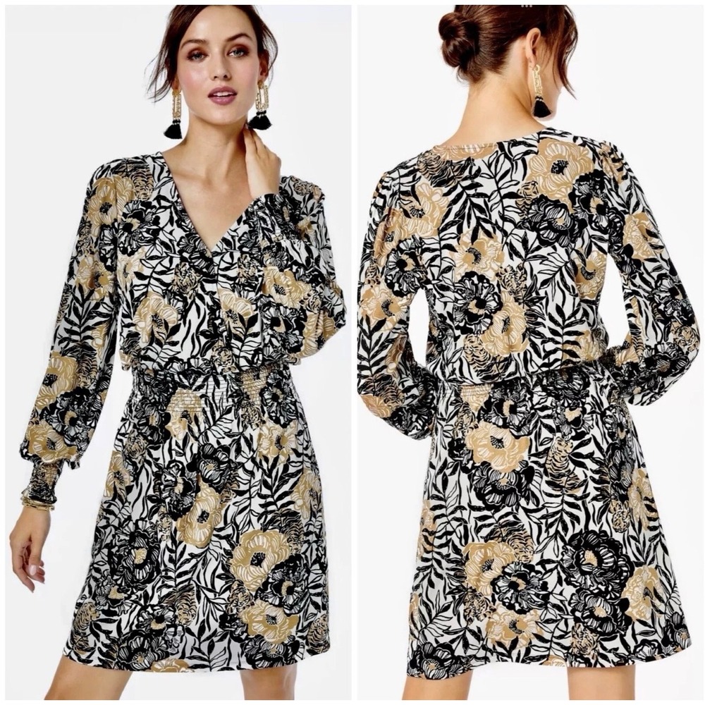 Lilly Pulitzer Black, White & Tan Floral Smocked Waist Mini Dress
